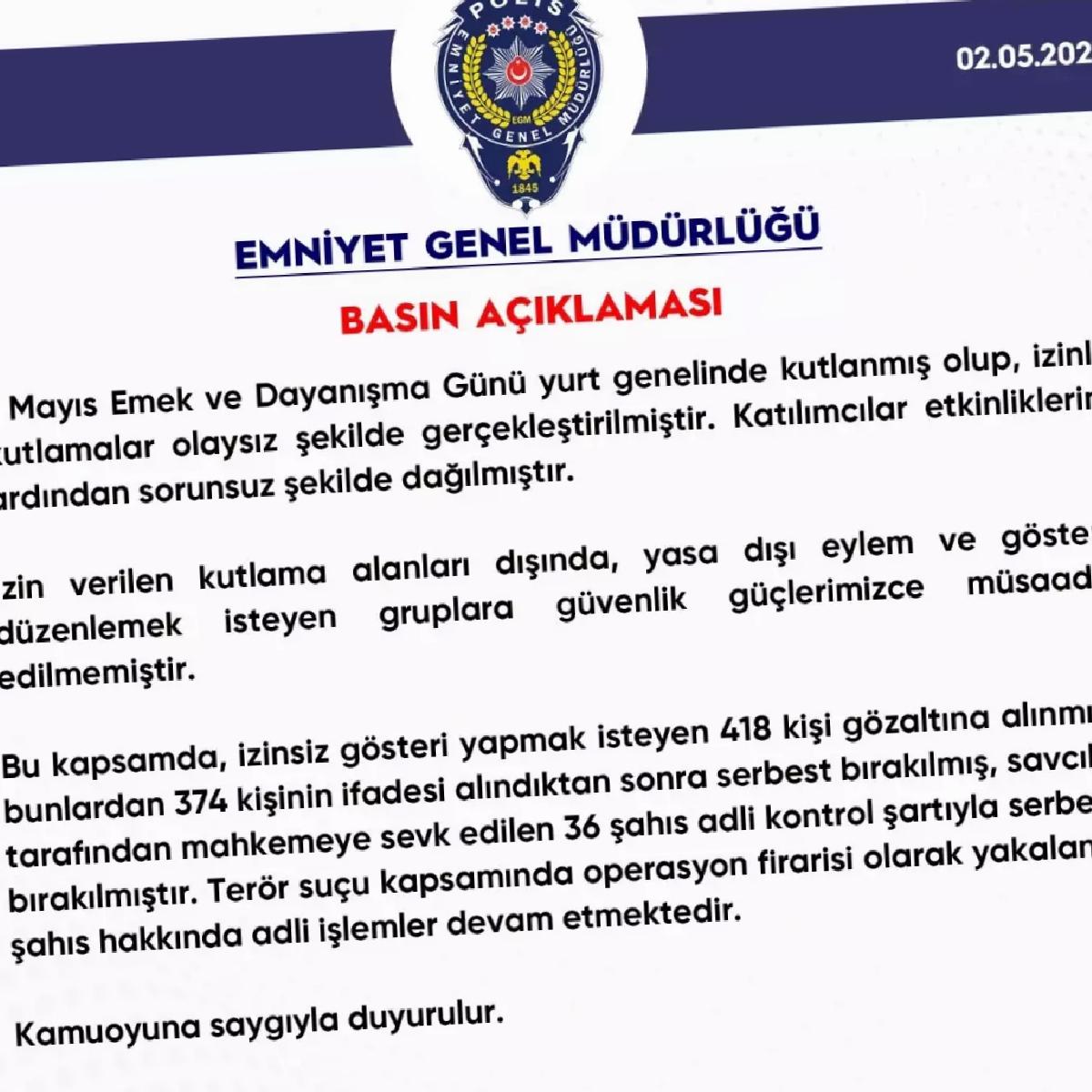 1 Mayıs’ta 418 Gözaltı