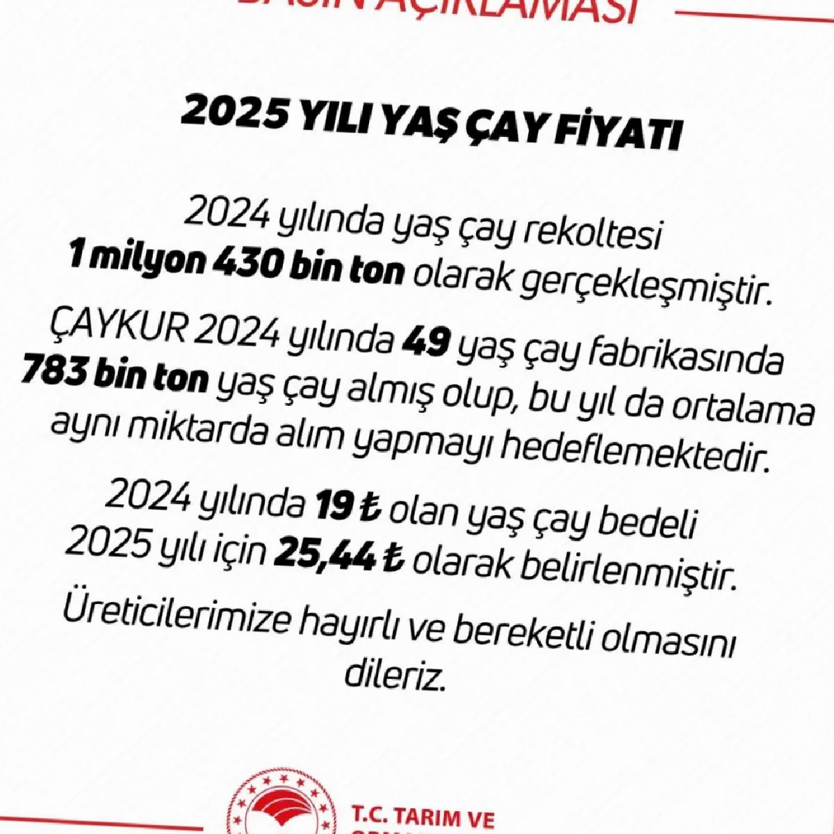 2025 Yaş Çay Alım Fiyatı Belirlendi