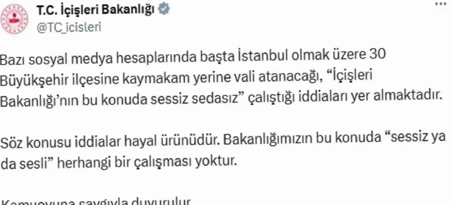 Bakanlık 30 İlçeye Vali Atanacağı Argümanlarını Yalanladı