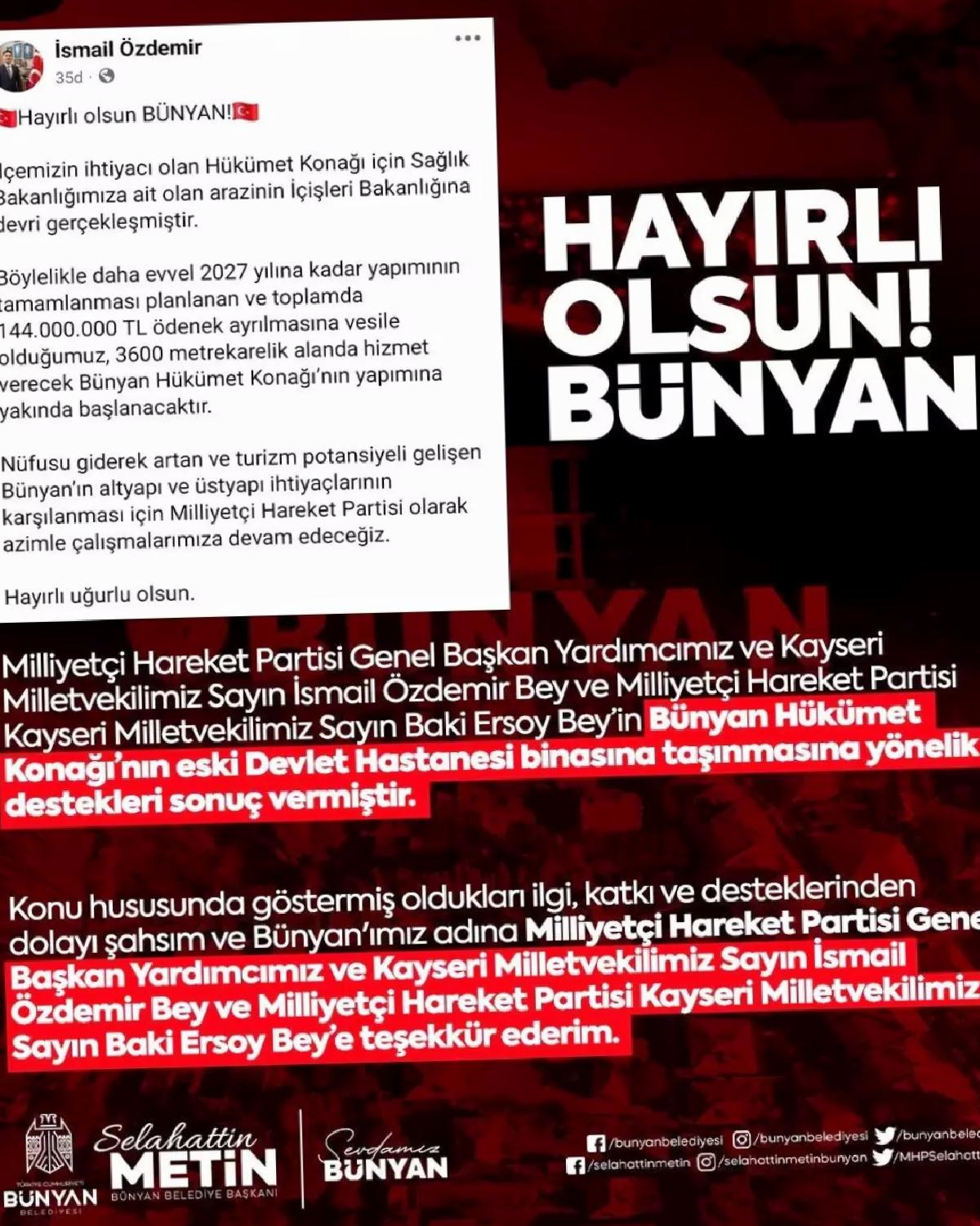 Bünyan Hükümet Konağı Eski Devlet Hastanesine Taşınıyor