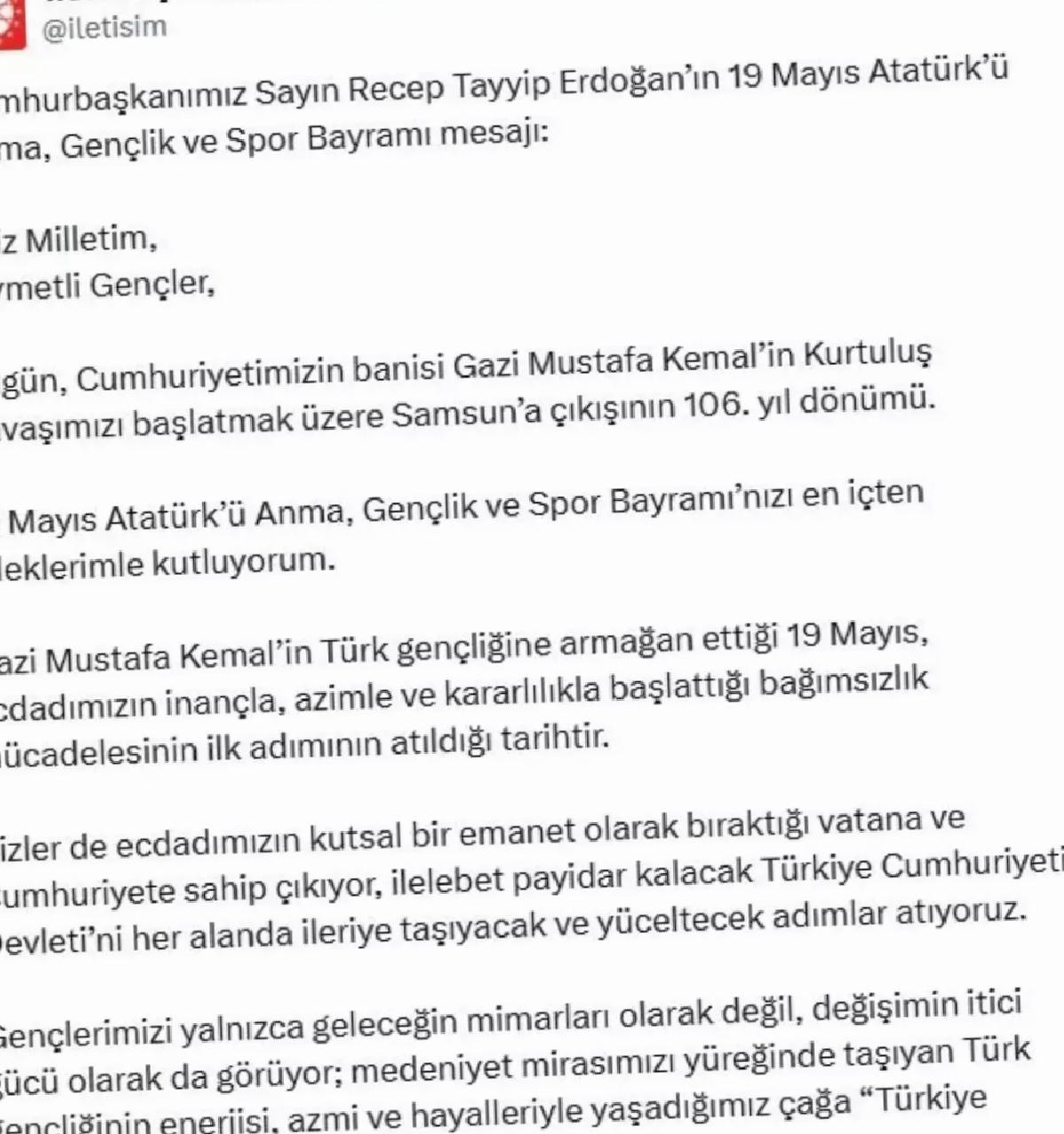 Cumhurbaşkanı Erdoğan’dan 19 Mayıs Bildirisi: Gençlerimizle Birlikte Yürüyoruz
