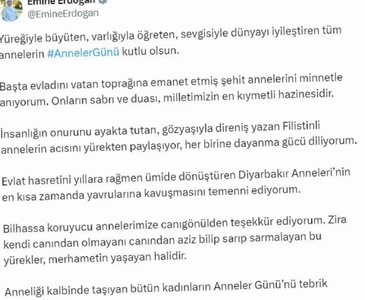Emine Erdoğan’dan Anneler Günü bildirisi: Şehit annelerini minnetle anıyorum