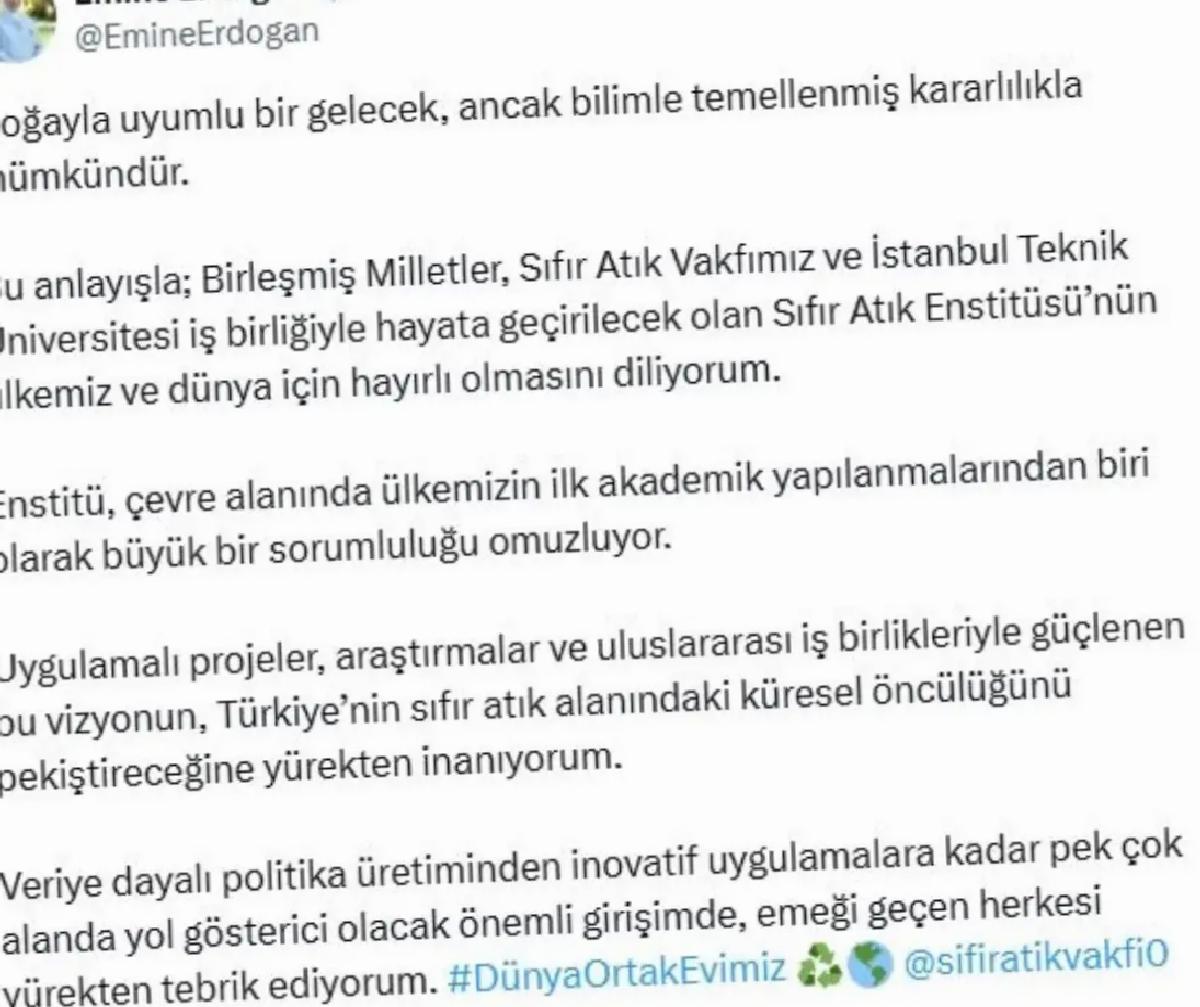 Emine Erdoğan’dan Sıfır Atık Enstitüsü paylaşımı