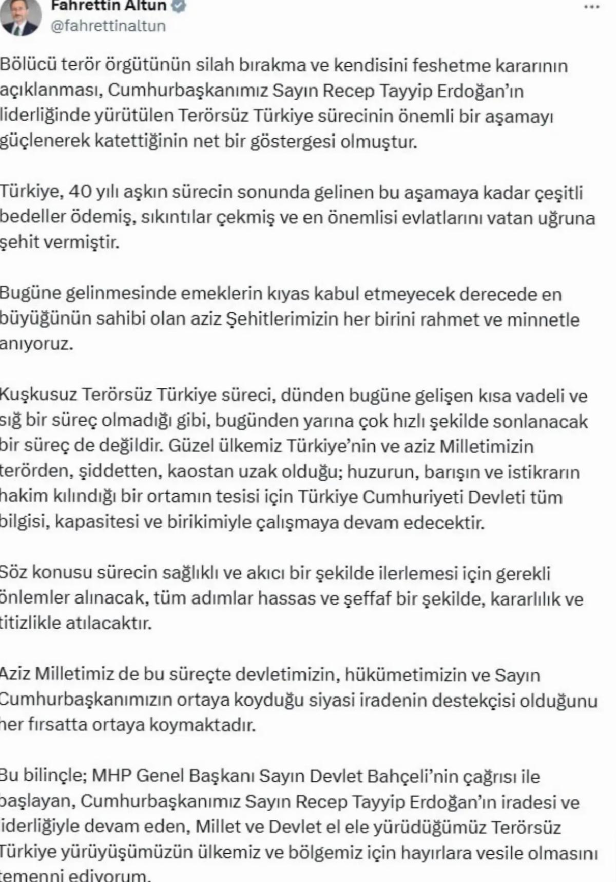 İletişim Başkanı Fahrettin Altun: ‘Terörsüz Türkiye süreci kıymetli bir evreyi güçlenerek katetti’