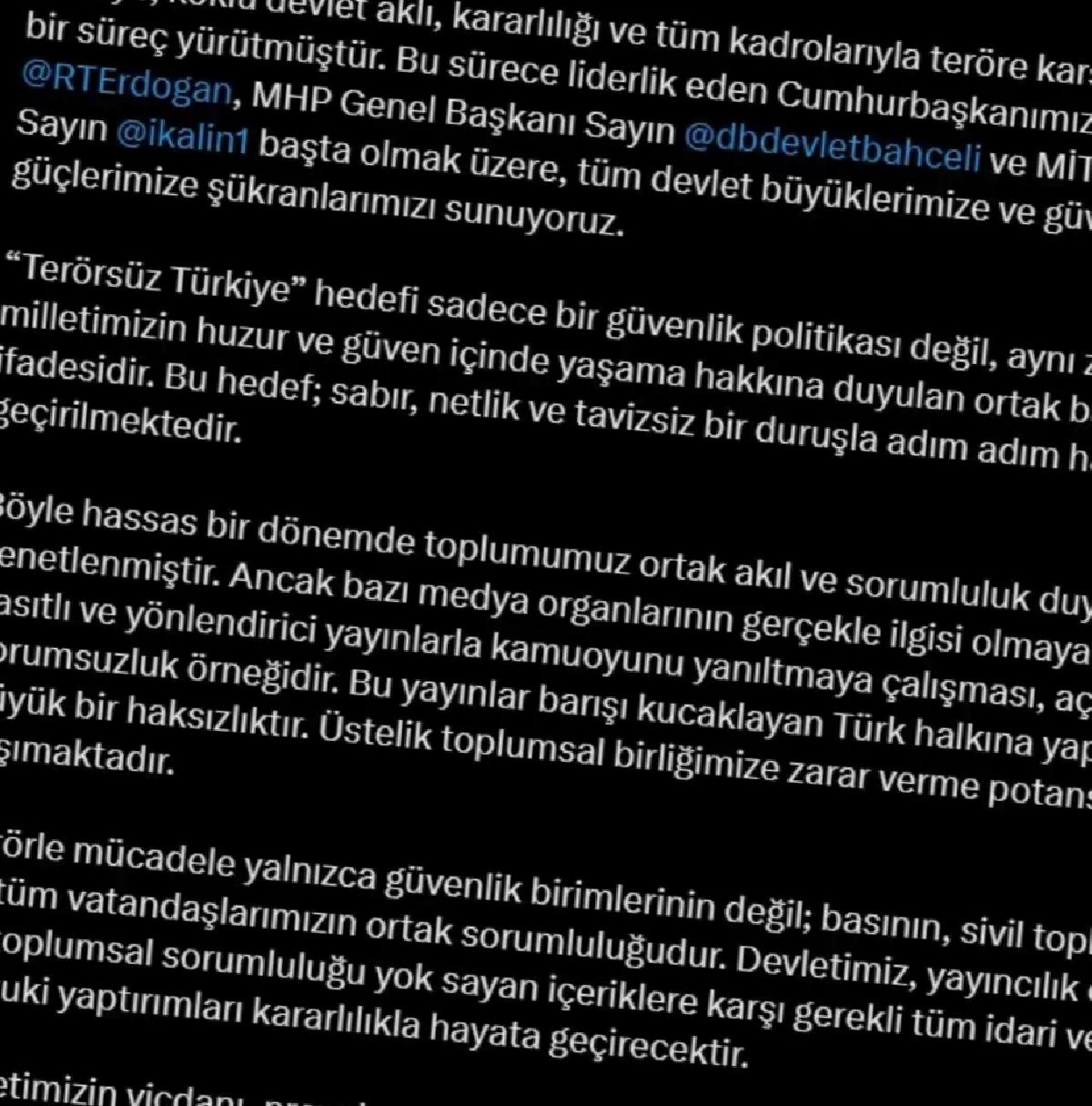 RTÜK Başkanı Şahin: ‘Terör örgütü PKK’nın fesih kararına ait aldatıcı yayınlar sorumsuzluktur’