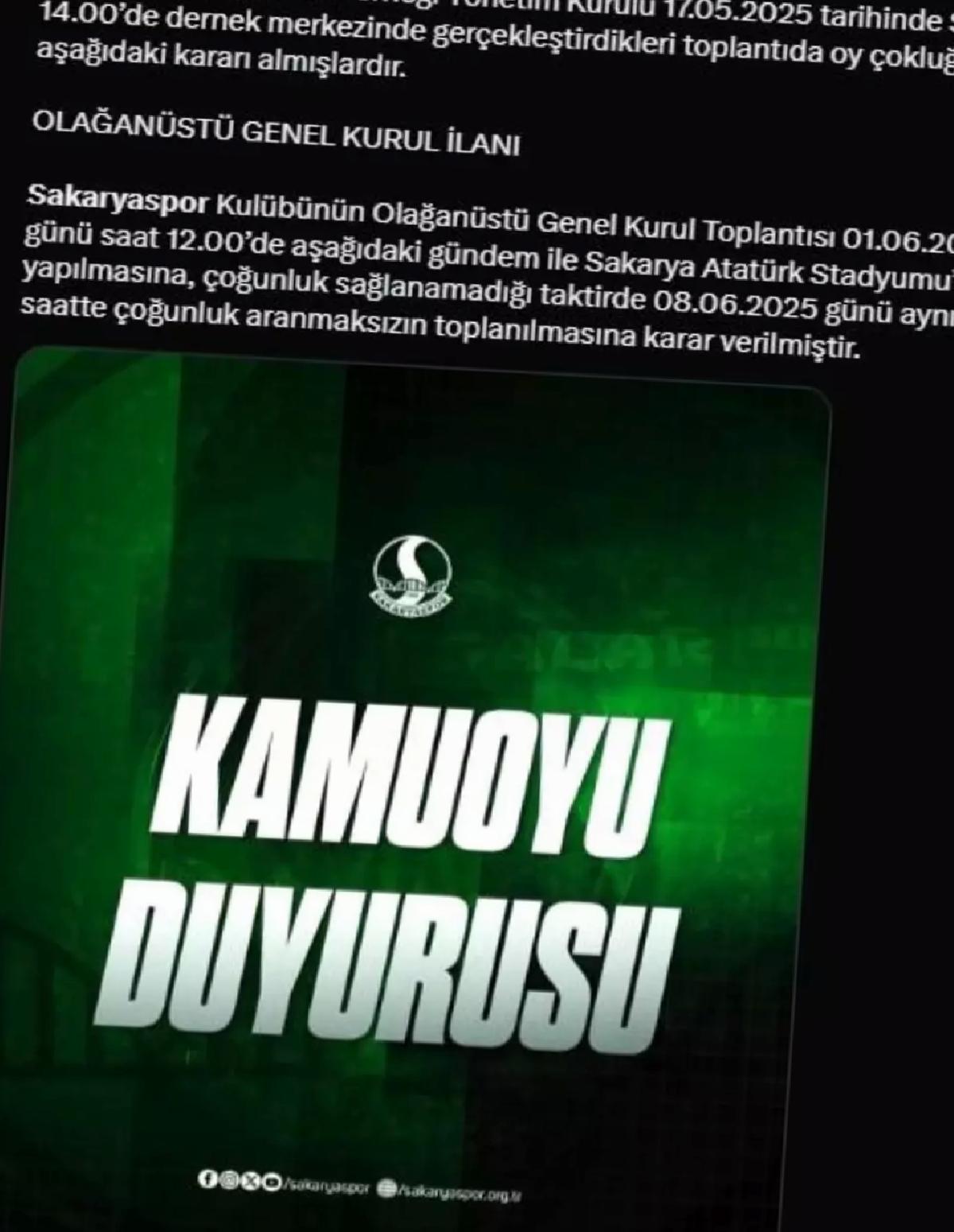 Sakaryaspor’da Fevkalâde Genel Şura Kararı