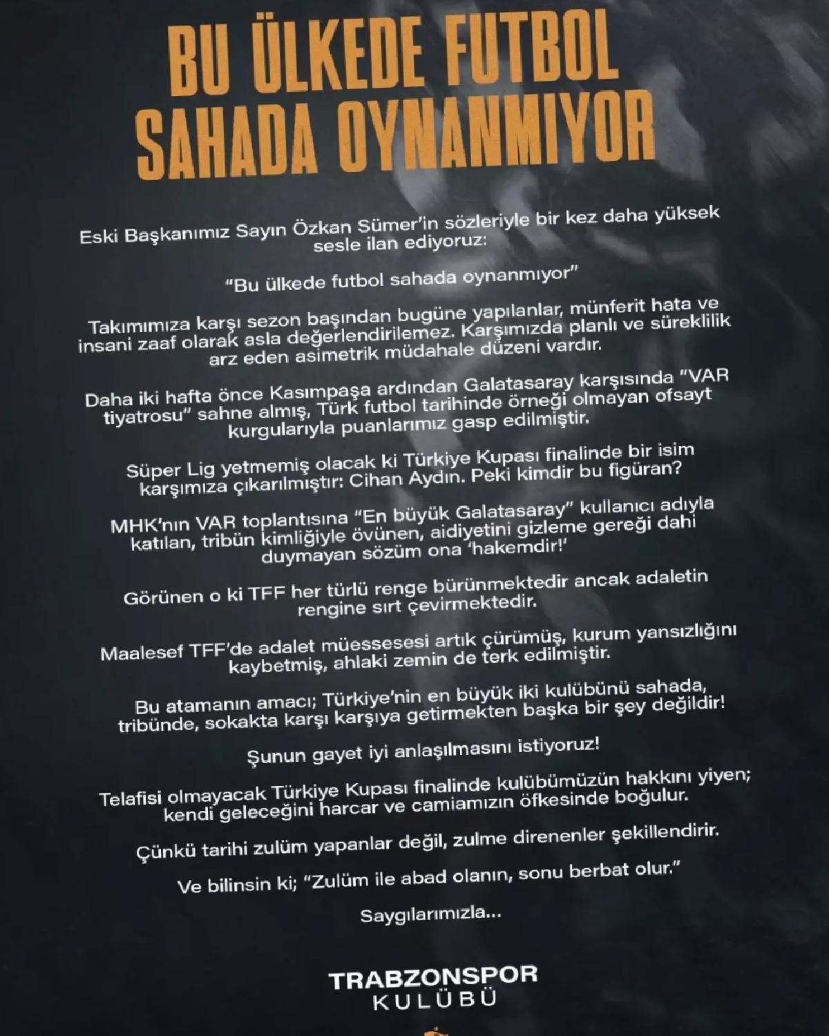 Trabzonspor’dan Türkiye Kupası Hakemine Reaksiyon