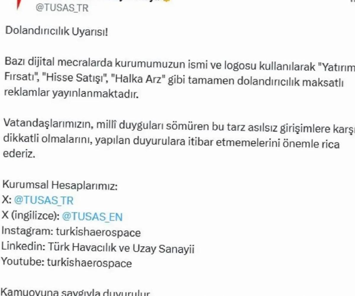 TUSAŞ’tan Dolandırıcılık Uyarısı